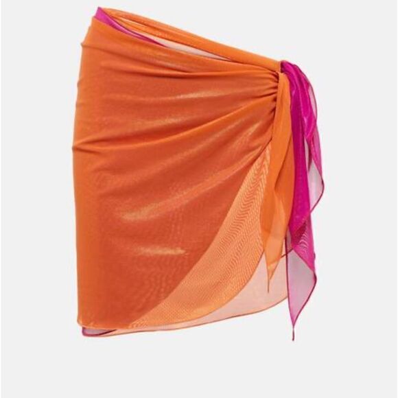 NWT OSEREE SWIMWEAR | Lamé Double Mini Pareo Skirt In orange & Fuscia  Size M/L - Picture 3 of 10